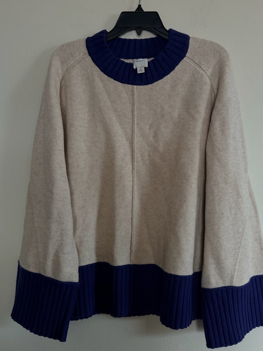 Maeve Cream Sweater with Navy Ribbed Neck & Hem